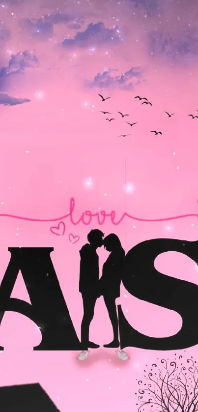 Silhouette of a couple in love against a pink scenic background.