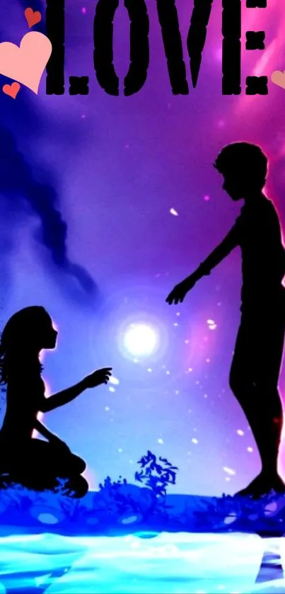 Silhouette of a couple in a romantic scene with vibrant purple and pink hues.