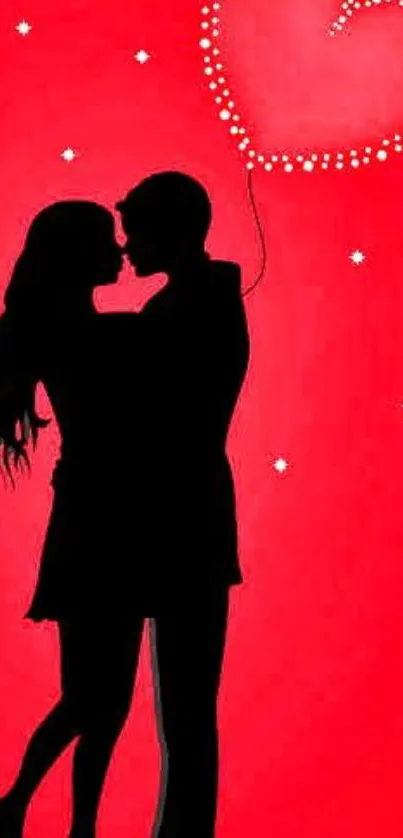 Silhouette couple with heart balloon on red background, romantic mobile wallpaper.