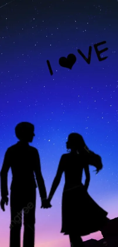 Silhouette of couple holding hands under a starry blue night sky.