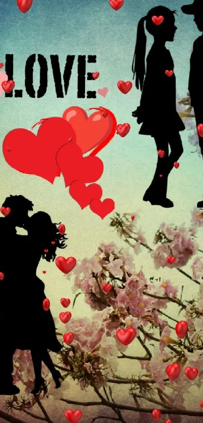 Romantic silhouette wallpaper with blooming flowers and hearts.