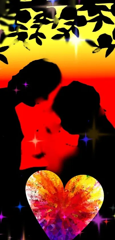 Romantic silhouette wallpaper with heart and sunset colors.