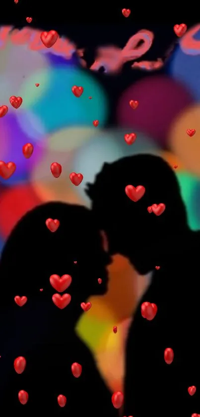 Romantic silhouette of a couple with vibrant bokeh lights in the background.