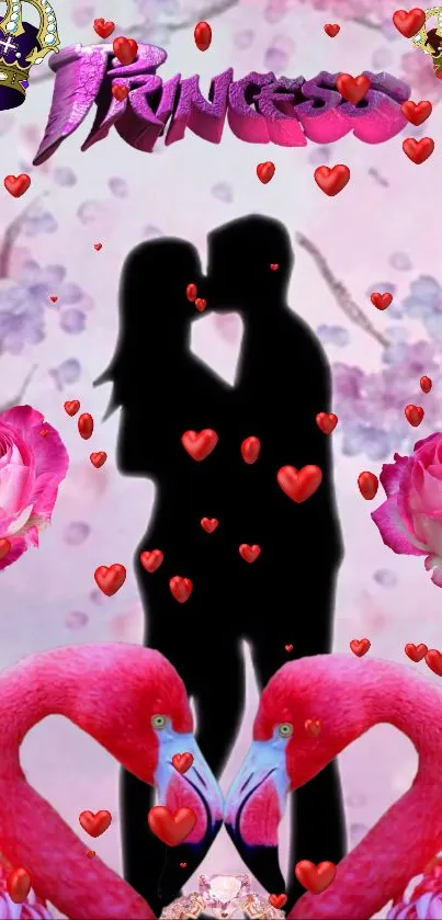 Romantic silhouette with hearts, roses, and flamingos.