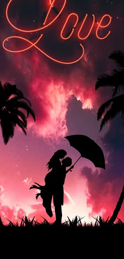 Romantic silhouette couple in sunset wallpaper with palm trees and love text.