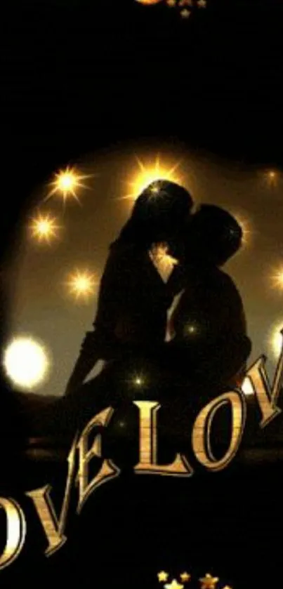 Romantic silhouette wallpaper with golden stars and the word 'Love'.