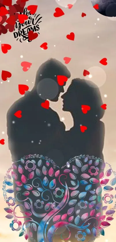 Silhouette couple embracing surrounded by hearts on a dreamy background.