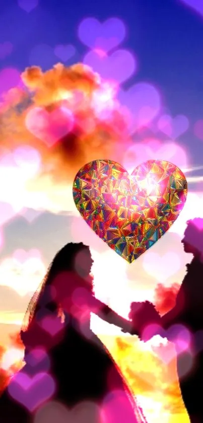 Romantic silhouette of couple with vibrant hearts in the sky.