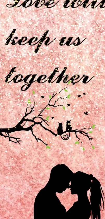 Silhouette of a loving couple under a pink sky with love quote.