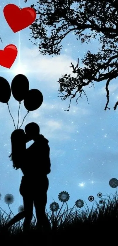 Silhouette couple with heart balloons under a starry sky.