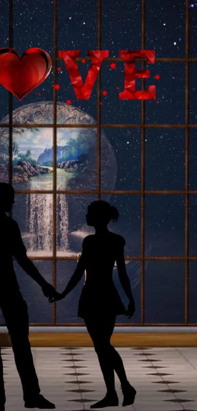 Silhouette couple holding hands with love heart in a starry background.