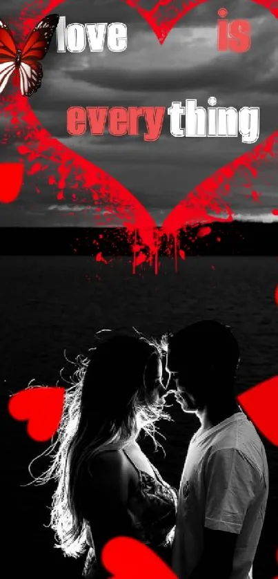 Romantic couple silhouette with red hearts and butterfly.