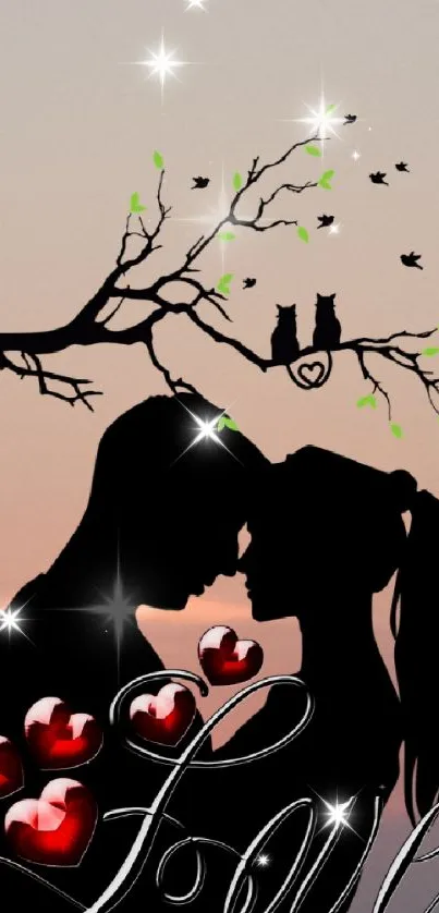 Romantic couple silhouette with love hearts at sunset.