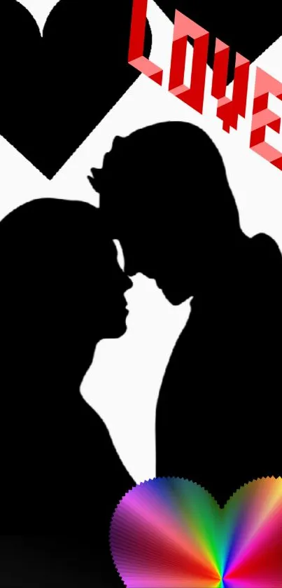 Silhouette of a couple with hearts and love text in vibrant colors.