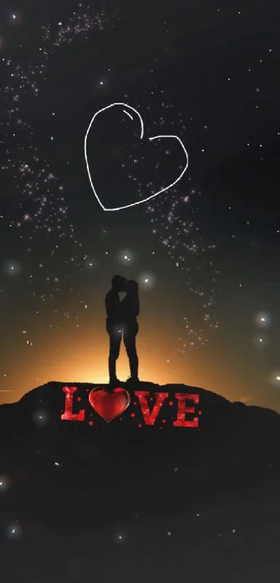 Romantic sunset silhouette of couple with love text and heart in starry sky.