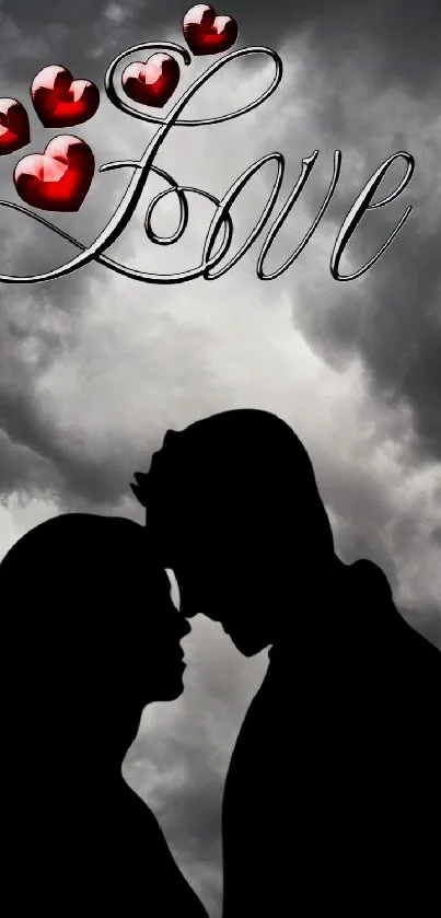 Silhouette couple with red hearts and cloudy background.