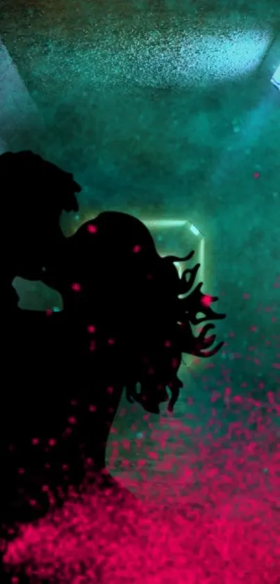 Silhouette of couple with colorful mist.