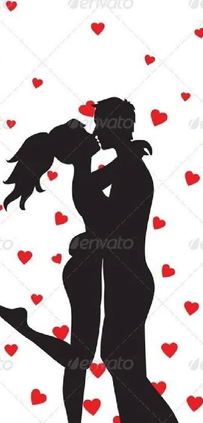 Silhouetted couple kissing with red hearts background.