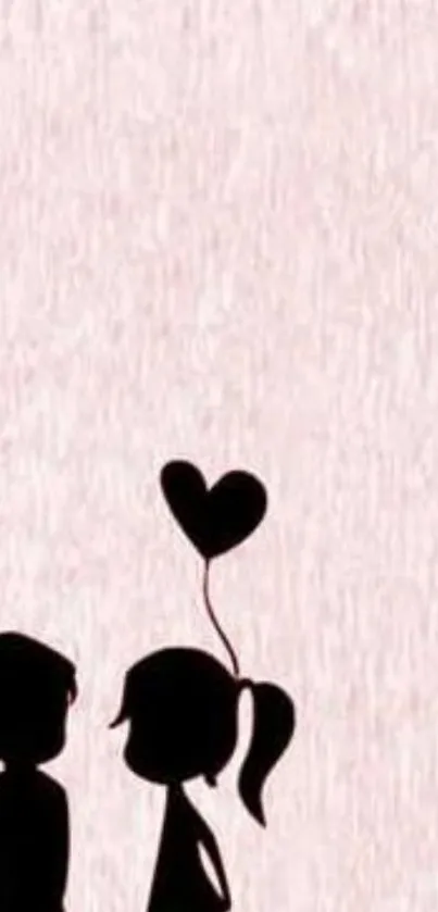 Silhouette couple with heart balloon on pink wallpaper.