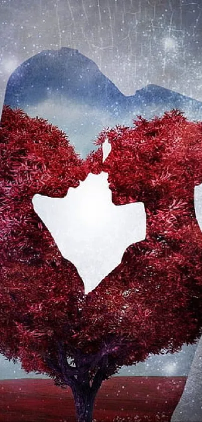 Romantic silhouette with red tree, artistic wallpaper.