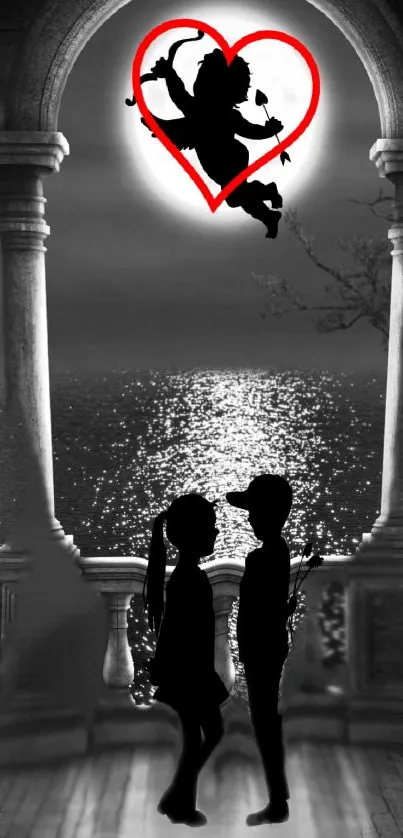 Black and white silhouette of couple under moon with Cupid and heart.