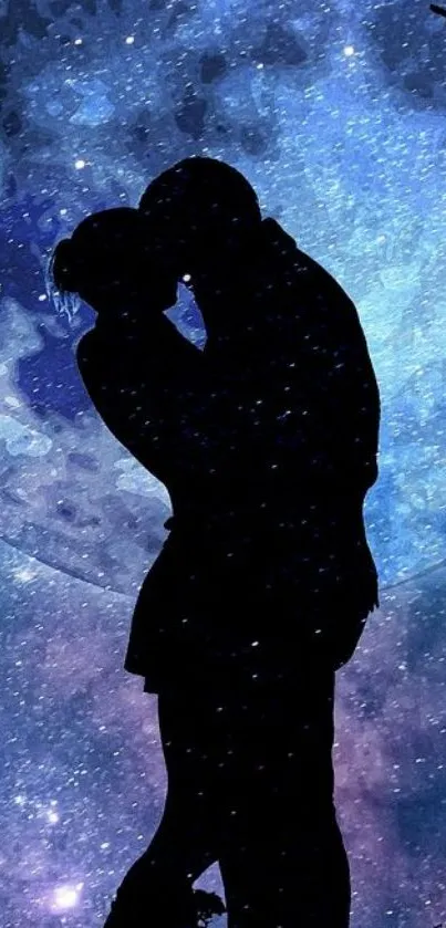 Silhouette of a couple kissing under a galaxy-inspired night sky with stars.