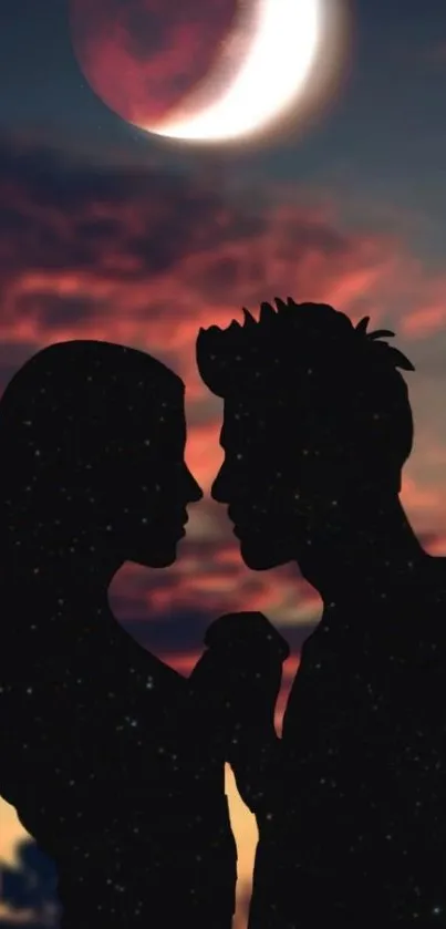 Silhouette of a couple under a dusky, moonlit sky.