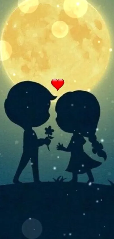 Silhouette of a couple with moon and heart under a starry sky wallpaper.