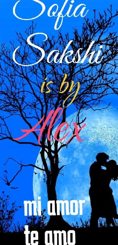 Silhouetted couple kissing under a moonlit tree with blue background.