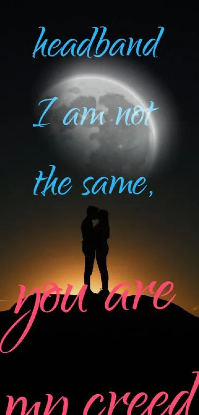 Couple's silhouette with text under a bright full moon and dark sky.