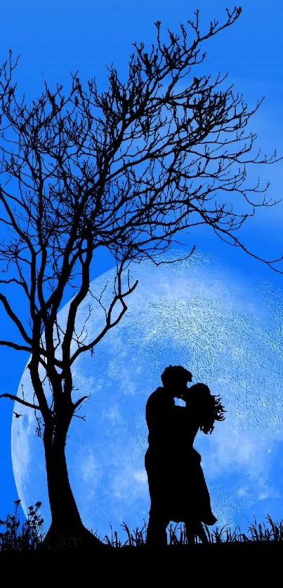 Romantic silhouette of couple under moonlight with tree against a blue backdrop.