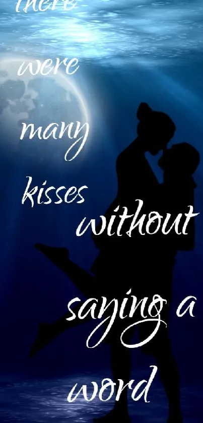 Silhouette couple in moonlit ocean with romantic quote