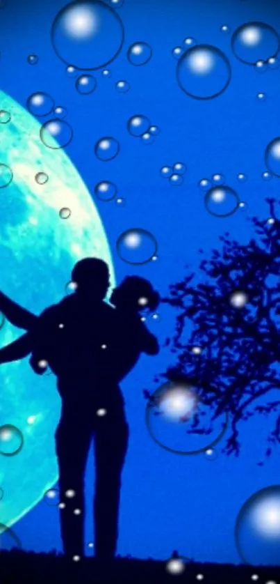 Silhouette of a couple under a blue moonlit sky with bubbles.