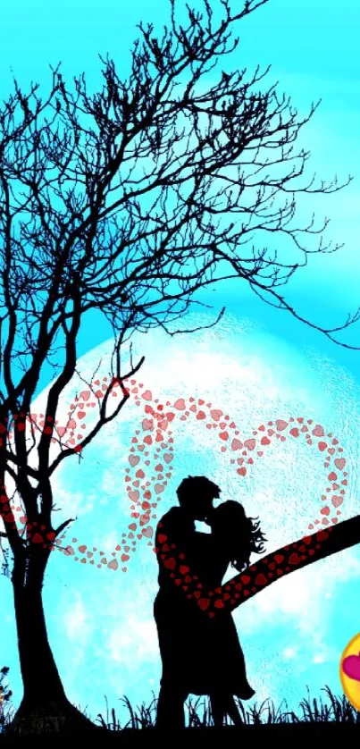 Romantic couple silhouette under moon with heart and emojis.