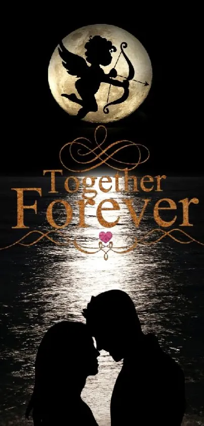 Silhouette couple in moonlit embrace with 'Together Forever' text.