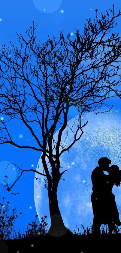Romantic couple silhouette under moonlit blue sky.