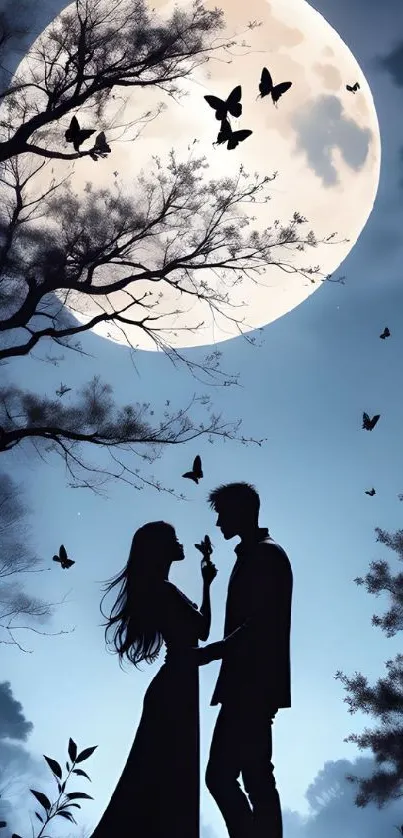 Silhouetted couple under a moonlit sky with butterflies in a romantic setting.