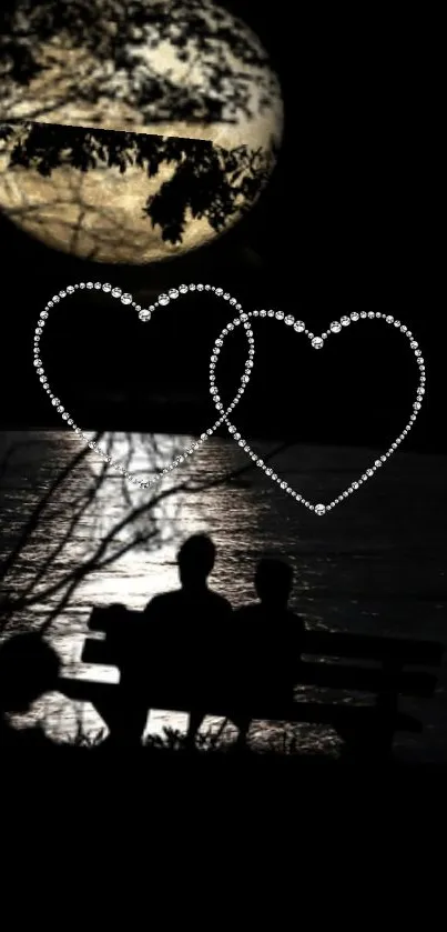 Romantic silhouette scene with moon and couple on bench.