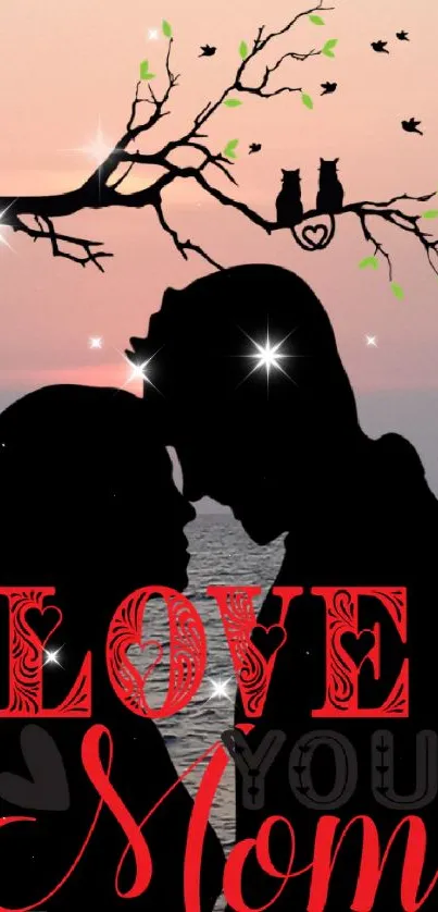 Romantic silhouette with 'Love You Mom' text and sunset background.