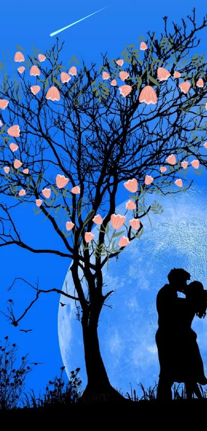 Silhouette of a couple under a blossoming tree against a blue moonlit sky.