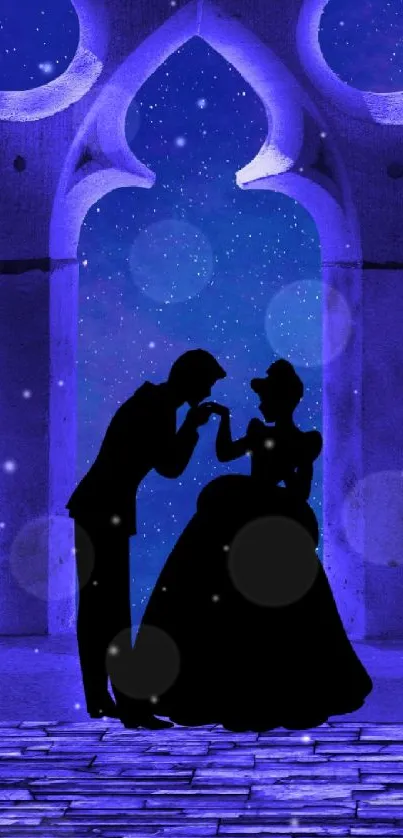 Silhouette couple in a purple-lit archway with starry night sky.