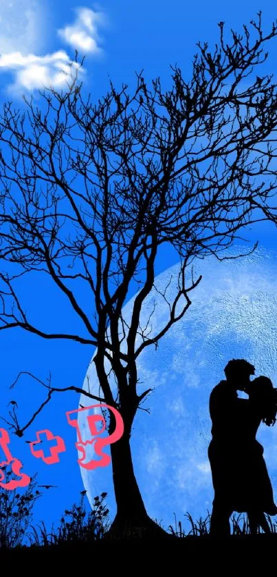 Couple silhouette under moonlit night sky, romantic scene.