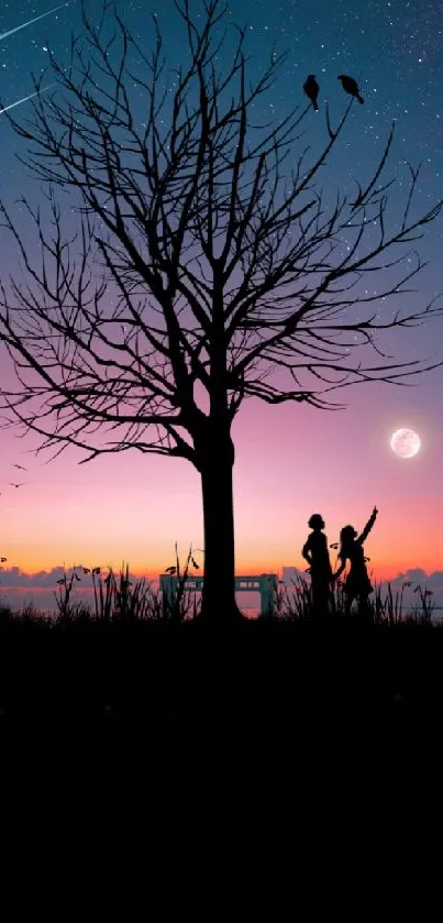 Silhouette of a couple under a starry night sky with a sunset.