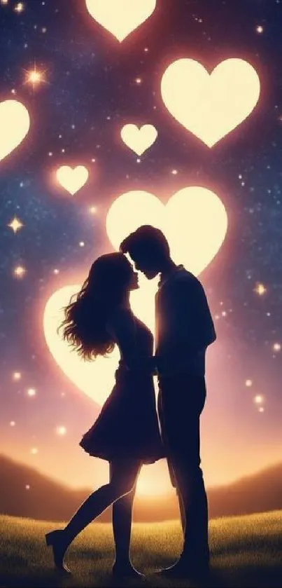 Romantic silhouette with glowing hearts under a starry sky on a mobile wallpaper.