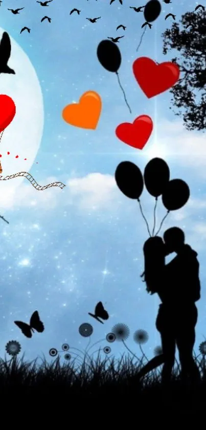 Romantic couple silhouette with balloons and heart in night sky.