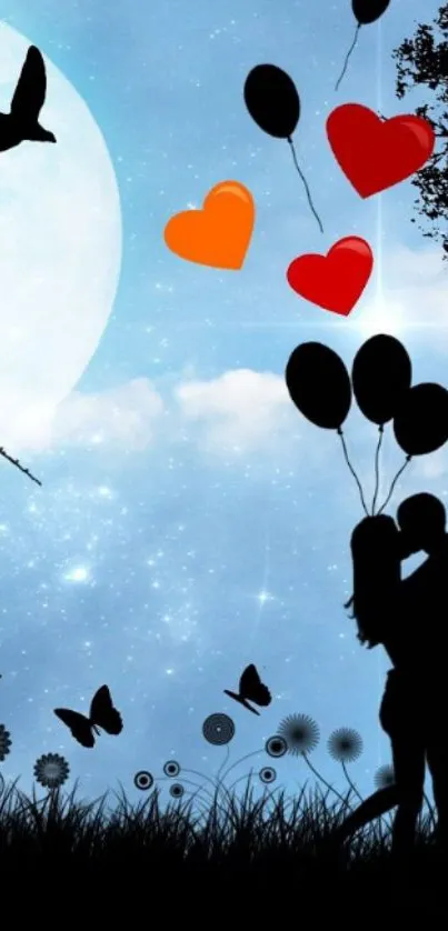 Romantic night sky wallpaper with couple silhouette, balloons, and moon.