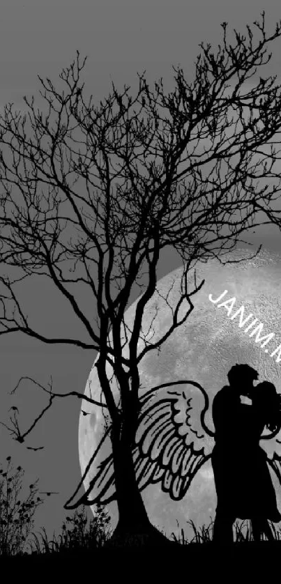 Silhouette couple with angel wings under a moonlit night sky.