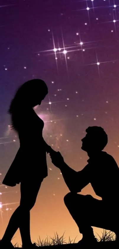 Silhouette of couple under a starlit night sky.