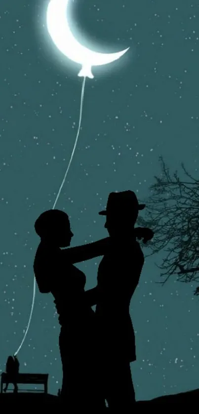 Romantic couple's silhouette under a teal night sky with a moon balloon.