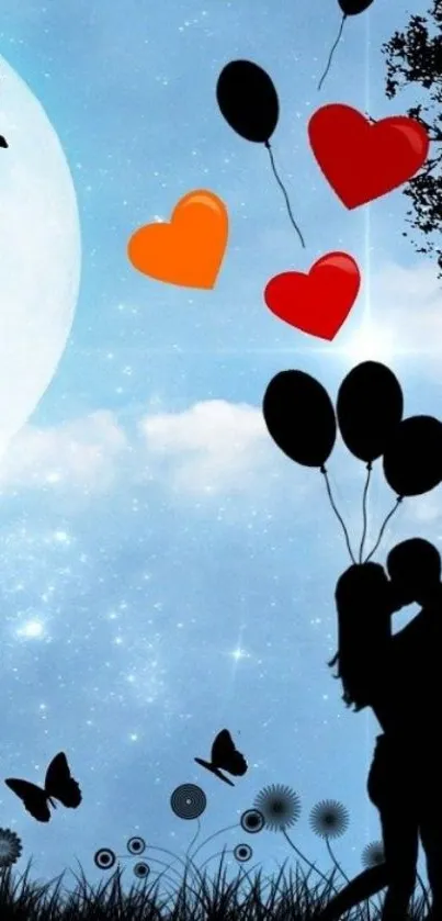 Romantic couple kissing under night sky with balloons and moon.